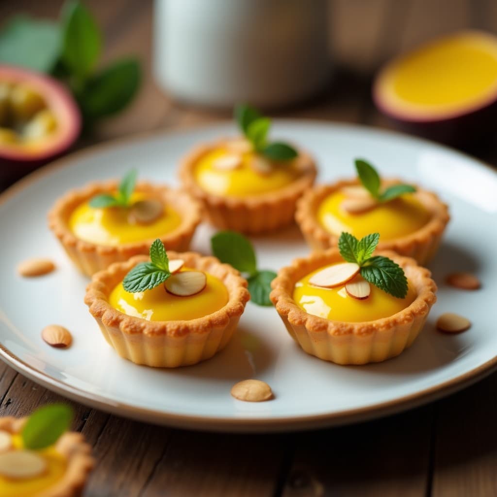 Tartaletas de masa de tapioca dorada rellenas de crema de maracuyá amarilla, decoradas con semillas de maracuyá, almendras fileteadas y hojas de menta, sobre un plato blanco con fondo de madera rústica.