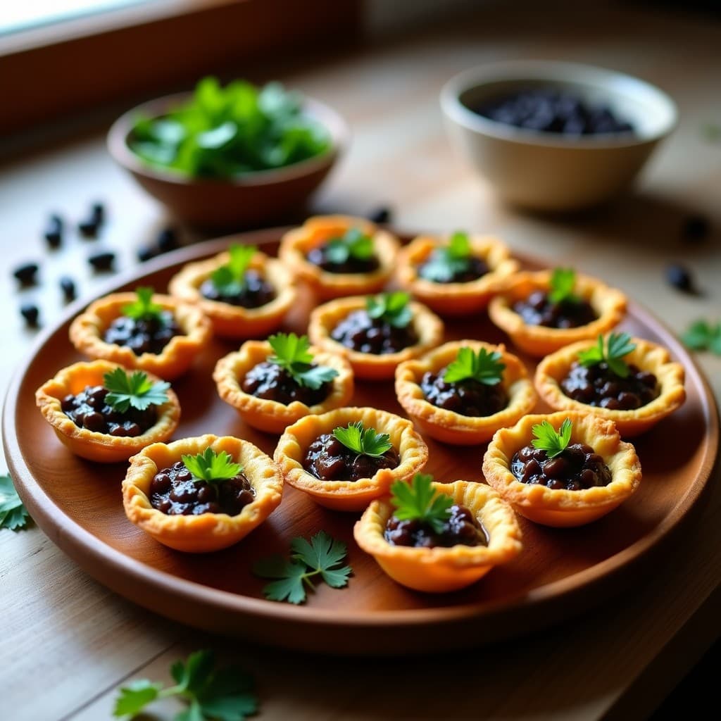 Tartaletas de masarepa doradas y crujientes rellenas de un guiso espeso de frijoles negros, decoradas con cilantro fresco. Receta colombiana sin gluten, presentadas en un plato de madera rústico.