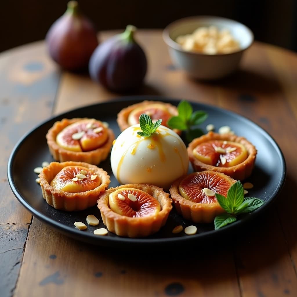 Tartaletas doradas de masarepa con higos frescos caramelizados y una bola de helado cremoso de queso de cabra, decoradas con almendras fileteadas y un hilo de miel. Postre colombiano gourmet servido en plato negro.