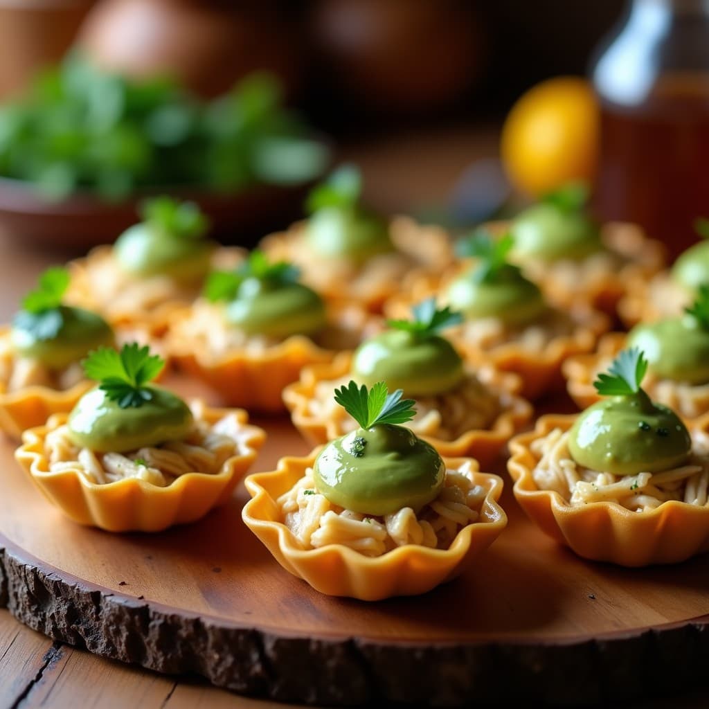 Tartaletas doradas de masarepa rellenas de pollo desmenuzado sazonado y coronadas con guasacaca cremosa, decoradas con cilantro fresco. Receta colombiana sin TACC sobre fondo rústico de madera.