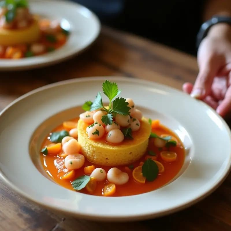 Tartaletas de masas de maíz doradas rellenas de ceviche de salmón ahumado, cebolla morada, pimiento rojo y huevo picado, decoradas con cilantro fresco y aceite de oliva. Aperitivo peruano sin gluten sobre fondo rústico.