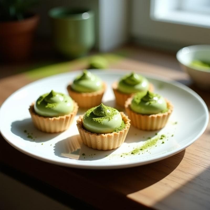 Tartaletas japonesas elegantes de matcha y white chocolate sobre plato blanco, con base crujiente de galleta y cobertura cremosa verde pálido, decoradas con polvo de matcha.