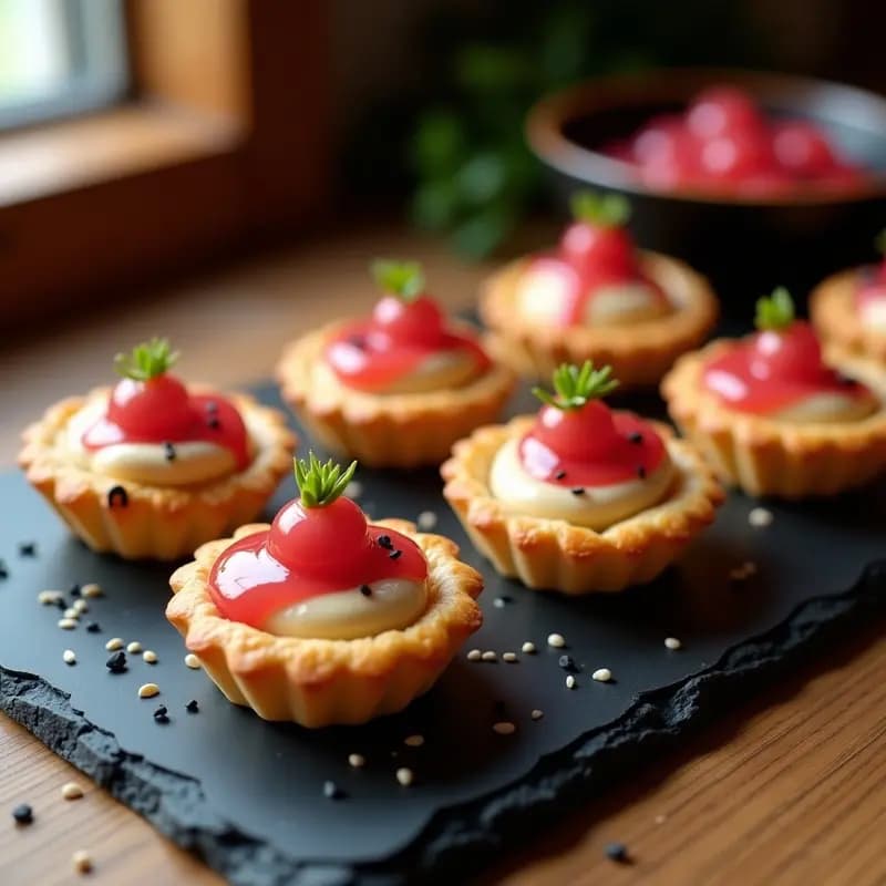Tartaletas doradas de hojaldre rellenas de crema de miso y cacahuete, coronadas con salsa de ciruela umeboshi rosa, semillas de sésamo negro y cebollino fresco. Plato japonés vegano listo para servir en 15 minutos.
