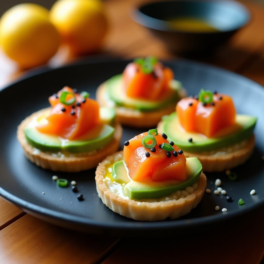 Tartaletas de pan de arroz tostado rellenas de aguacate cremoso, tataki de salmón rosado y salsa de yuzu amarilla, decoradas con semillas de sésamo negro y cebollino. Plato de entrante japonés sin gluten con textura crujiente y colores vibrantes.