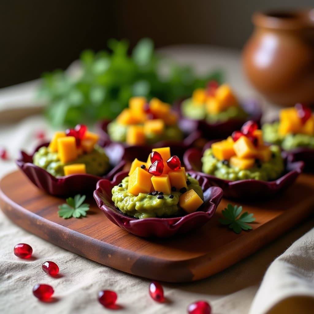 Tartaletas de papa morada con relleno de guacamole de mango, decoradas con semillas de sésamo, chía y granada sobre hoja de lechuga morada. Plato entrante peruano sin horno, colorido y fresco.