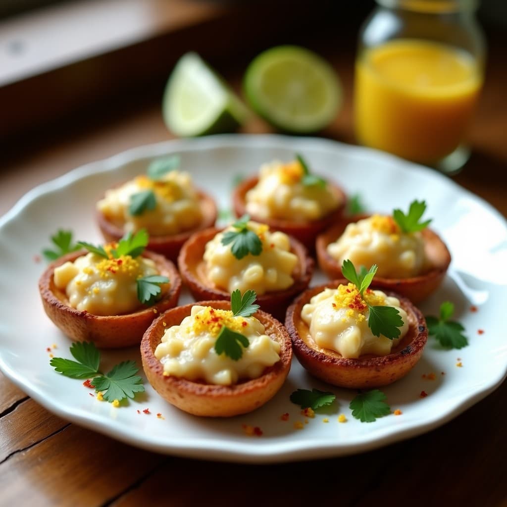 Tartaletas doradas de patata morada rellenas de atún fresco, con salsa cremosa de azafrán y cilantro fresco, servidas en plato blanco sobre fondo rústico. Receta peruana en airfryer crujiente y colorida.