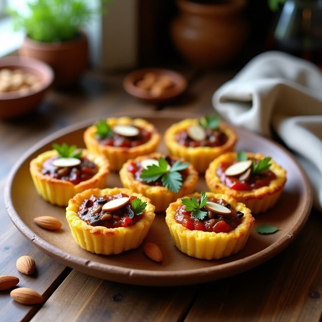 Tartaletas doradas de polenta con relleno de champiñones portobello salteados, almendras fileteadas y perejil fresco, servidas en un plato de madera rústico con fondo borroso.