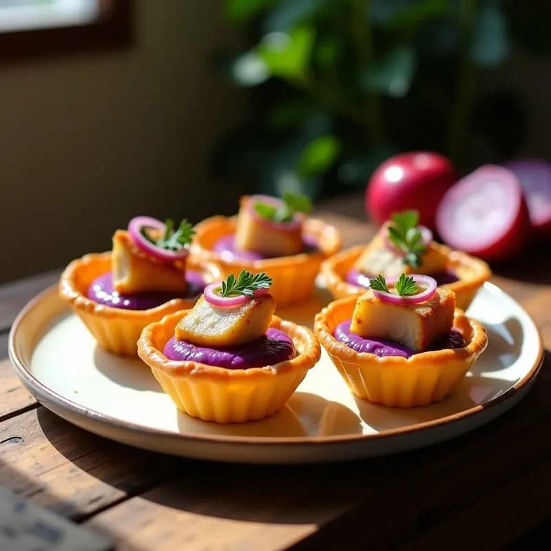 Tartaletas portuguesas en airfryer con base dorada de almendras, rellenas de puré de batata morada cremoso y trozos de bacalao confitado caramelizado, decoradas con cebolla morada picada y eneldo fresco sobre un plato de cerámica blanca.