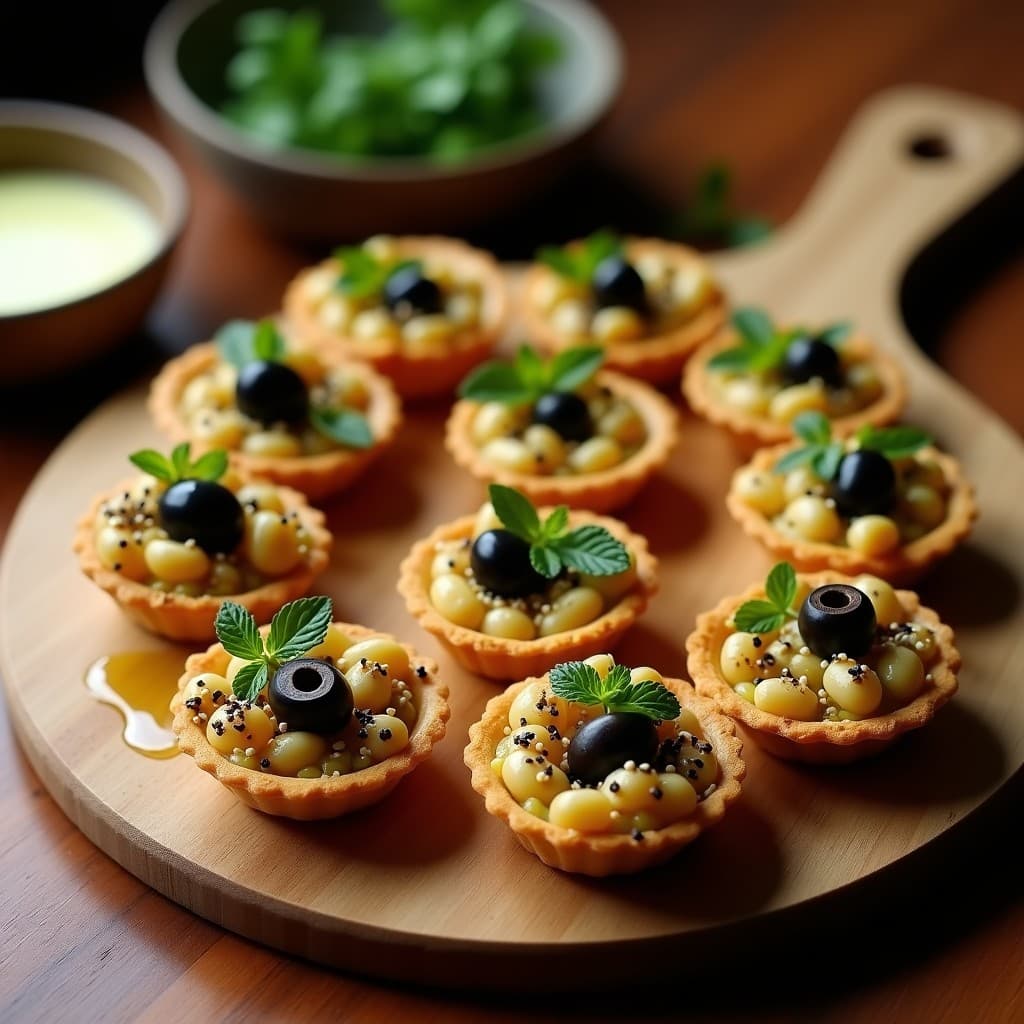 Tartaletas doradas de harina de garbanzo rellenas de puré cremoso de garbanzo y berenjena asada, espolvoreadas con zaatar y decoradas con semillas de sésamo, aceitunas negras y hojas de menta fresca. Aperitivo libanés vegano gourmet.