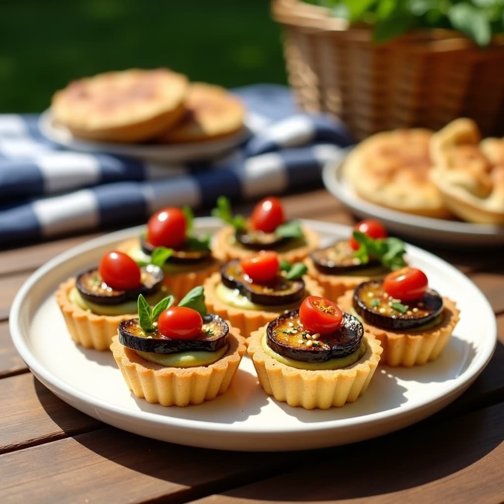 Tartaletas veganas para picnic con base crujiente, rellenas de puré de garbanzos cremoso, berenjena asada dorada y pesto de rúcula verde intenso, decoradas con tomate cherry y semillas de sésamo.