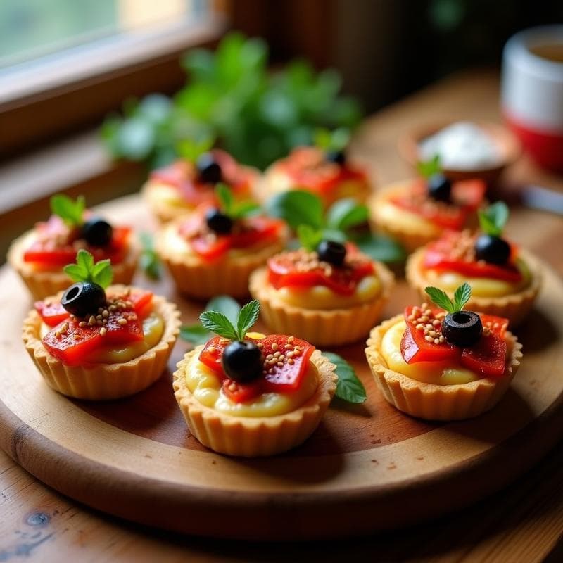 Tartaletas veganas de puré de garbanzos y pimientos asados con toque ahumado, servidas en bandeja de madera rústica. Base dorada y crujiente rellena de crema de garbanzos suave, coronada con tiras de pimiento rojo asado, aceitunas negras y semillas de sésamo tostadas. Decoradas con un hilo de aceite de oliva virgen extra y pimentón ahumado.