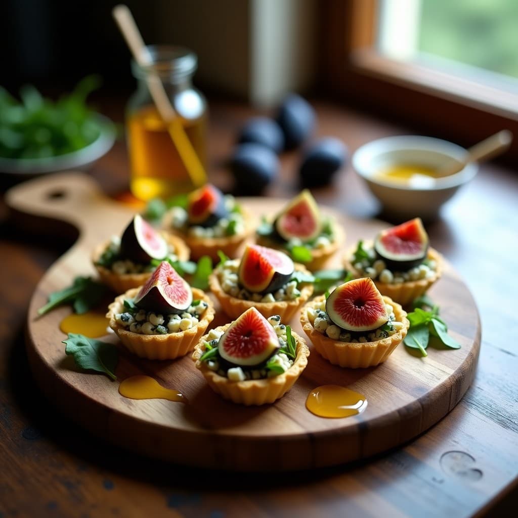 Tartaletas francesas de queso azul y higo con vinagreta de miel, presentadas en bandeja de madera con rúcula baby y láminas de higo fresco como decoración.