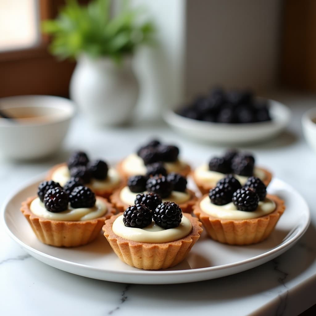 Tartaletas keto de queso crema y moras con base de nueces, presentadas en moldes individuales de acero. La base dorada de nueces contrasta con el relleno cremoso blanco y las moras frescas moradas en la parte superior, espolvoreadas con canela.