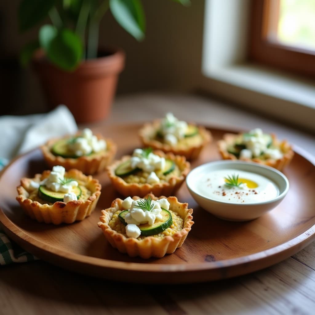 Tartaletas doradas de quinoa y calabacín con queso feta, servidas en bandeja de madera con dip de yogur griego cremoso, decoradas con eneldo fresco y pimentón. Receta sin gluten en 20 minutos.