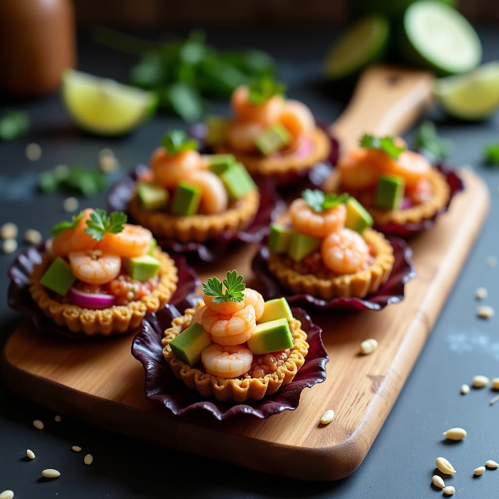 Tartaletas de base dorada y crujiente de quinoa rellenas de ceviche de camarones rosados con trozos de aguacate verde, cebolla roja y cilantro fresco, sobre un plato de madera rústico con fondo de hoja de lechuga morada.