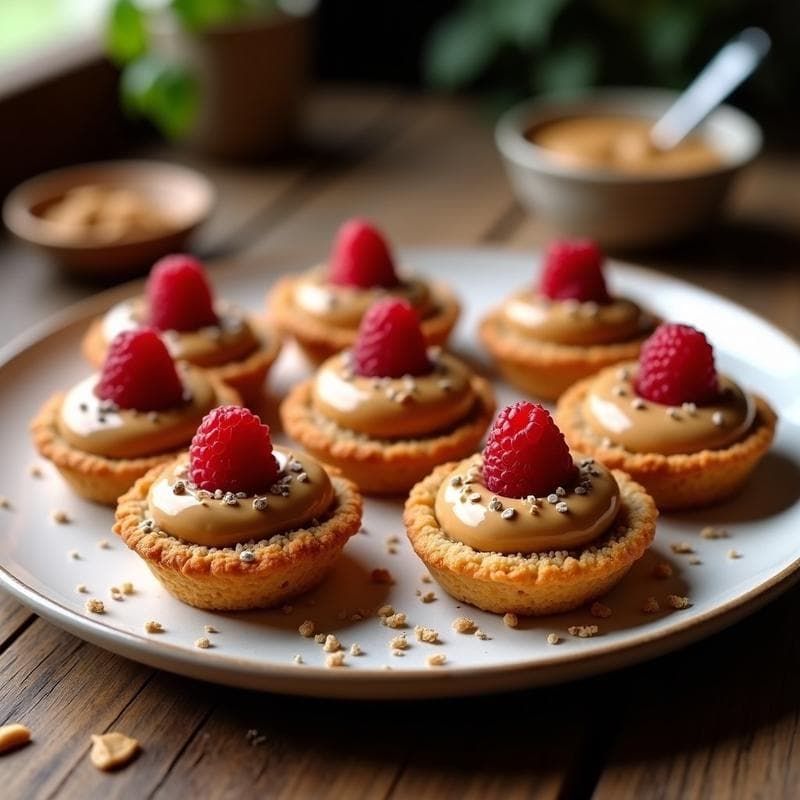 Tartaletas de quinoa inflada crujiente con crema de cacahuete suave, decoradas con frambuesas frescas y semillas de chía, servidas en moldes de silicona sobre una mesa rústica de madera.