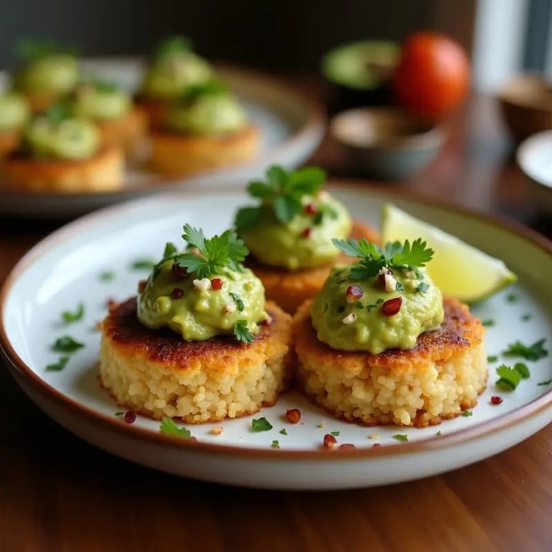 Tartaletas de quinoa inflada crujiente rellenas de capas de babaganoush cremoso y guacamole verde, decoradas con tomates cherry y semillas de sésamo, aperitivo mediterráneo sin horno sobre fondo rústico.