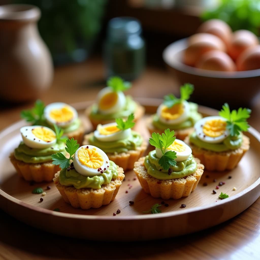Tartaletas keto colombianas con base crujiente de quinoa inflada y semillas de girasol, rellenas de crema de guacamole verde brillante y coronadas con huevos de codorniz marinados en ají dulce, decoradas con cilantro fresco sobre un plato de madera rústica.