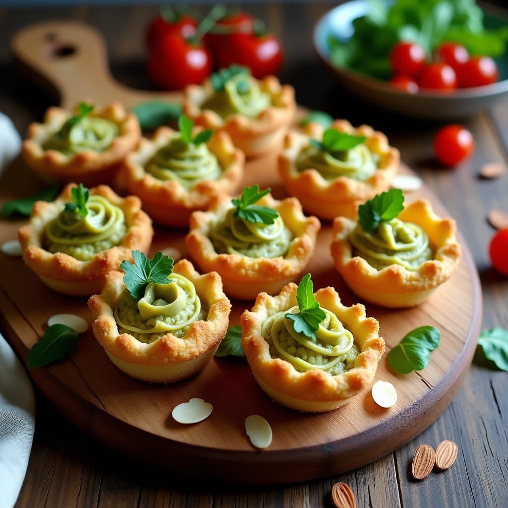 Tartaletas de quinoa inflada doradas y crujientes rellenas de pesto de alcachofa cremoso, decoradas con tomates cherry y rúcula fresca sobre un plato de madera rústico.