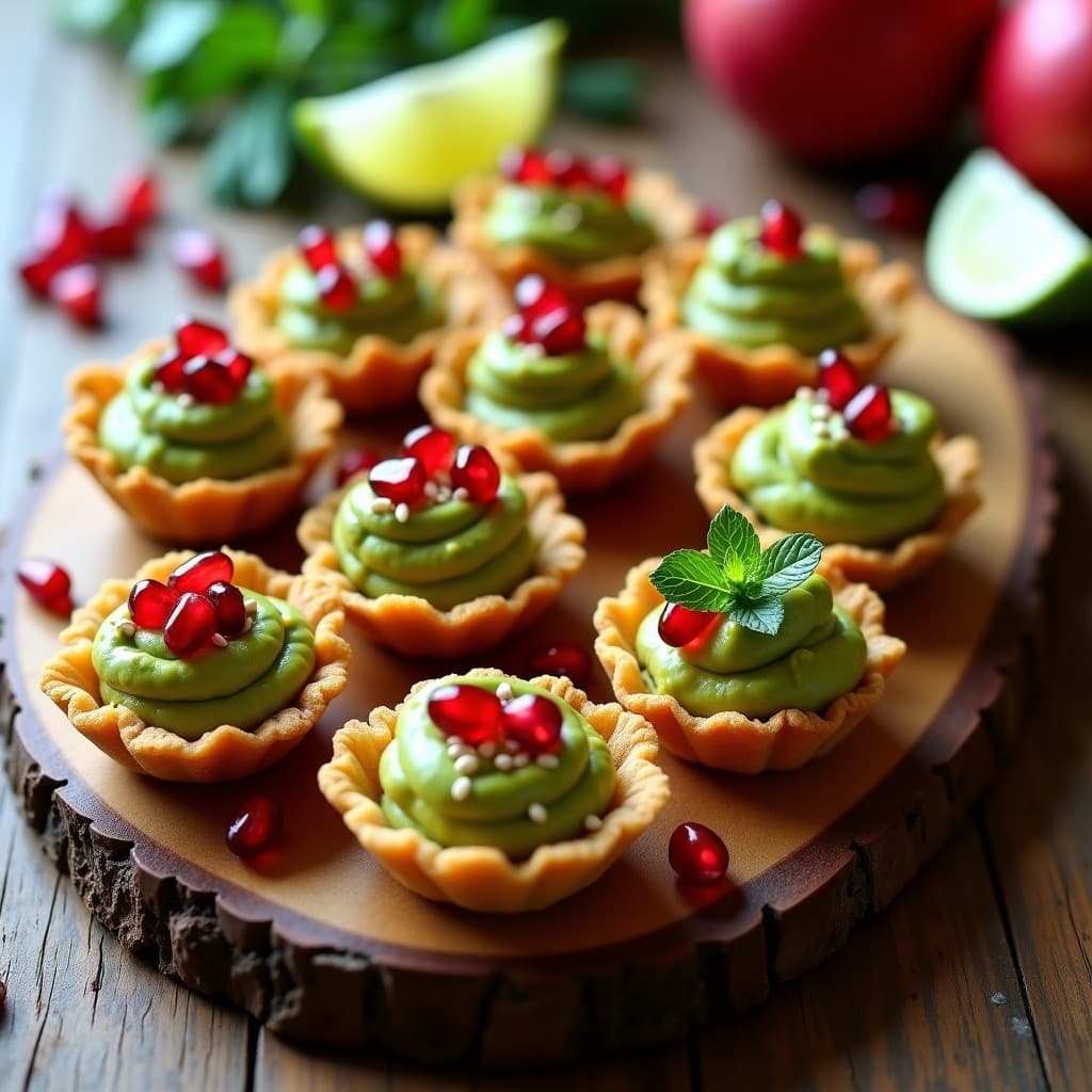 Tartaletas de quinoa puff doradas y crujientes rellenas de guacamole cremoso verde, coronadas con granos de granada rojos brillantes, semillas de sésamo y hojas de menta fresca. Plato colorido y elegante sobre fondo rústico.