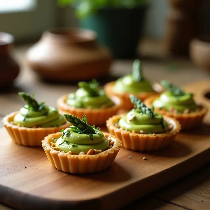 Tartaletas crudiveganas con base de semillas de chía dorada, rellenas de crema verde de espárrago y espolvoreadas con triturado de almendras tostadas y perejil fresco. Presentación elegante en bandeja de madera con fondo borroso.