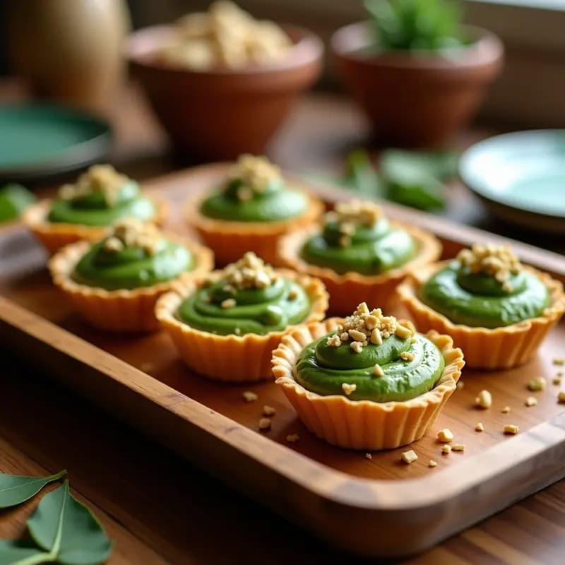 Tartaletas de base dorada de semillas de girasol rellenas de crema verde de espinacas y anacardos, servidas en bandeja de madera con decoración de semillas.