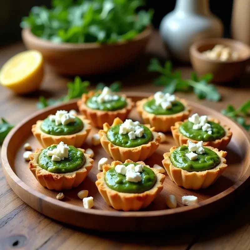 Tartaletas doradas de base crujiente de semillas de girasol rellenas de pesto verde de arugula y trocitos blancos de queso feta, servidas en una bandeja de madera rústica con hojas de arugula fresca como decoración.