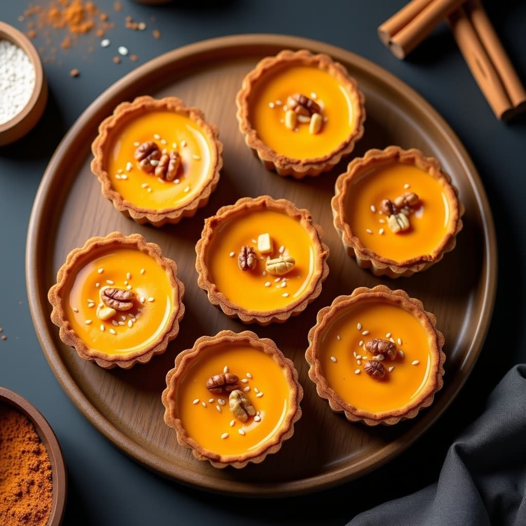 Tartaletas doradas de harina de sorgo rellenas de puré de calabaza kabocha, decoradas con nueces picadas y semillas de sésamo, postre coreano sin gluten y sin azúcar.
