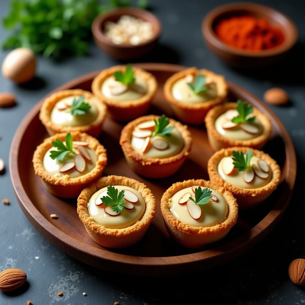 Tartaletas doradas de harina de teff rellenas de crema de berenjena ahumada, decoradas con almendras fileteadas y perejil fresco sobre un plato de madera rústica, receta aperitivo etíope vegano y crujiente.