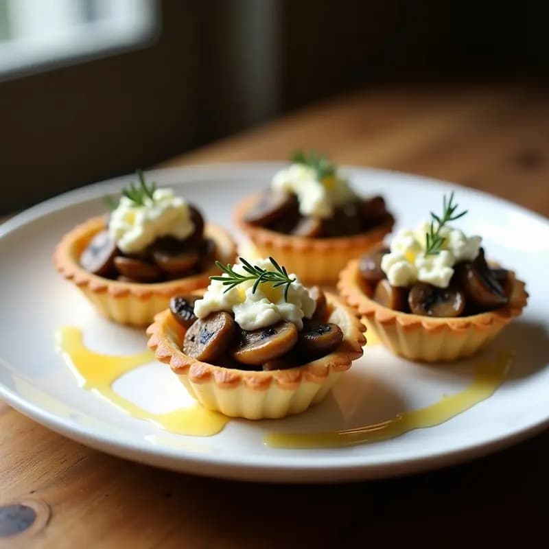 Tartaletas doradas con relleno de hongos shitake salteados y queso de cabra gratinado, decoradas con un hilo de miel y tomillo fresco. Receta umami rápida y elegante.