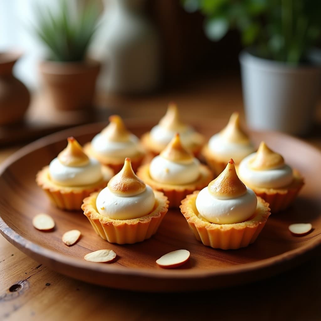 Tartaletas doradas de yacón con base crujiente de almendra, rellenas de merengue de aquafaba esponjoso y dorado con soplete, decoradas con almendras fileteadas. Postre peruano keto y sin azúcar en un plato rústico de madera.
