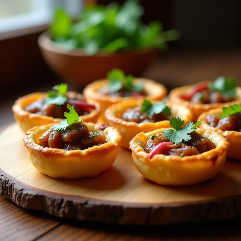 Tartaletas doradas de yuca con relleno de lengua de res escabechada en vinagre, cebolla morada y especias, servidas en plato rústico con decoración de cilantro fresco.