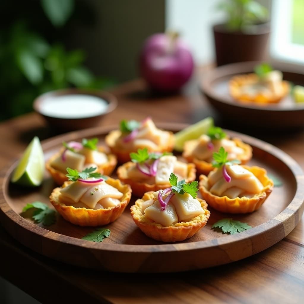 Tartaletas doradas de yuca con relleno de merluza ahumada en láminas, cebolla morada en juliana, crema de coco y cilantro fresco, servidas en bandeja de madera rústica. Receta de tartaletas de yuca y merluza ahumada, entrante colombiano sin gluten.