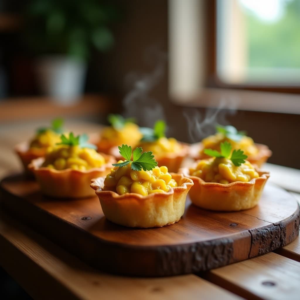 Tartaletas doradas de yuca rellenas de pollo al curry en molde para airfryer, con bordes crujientes y relleno cremoso de color amarillo intenso, decoradas con cilantro fresco. Receta peruana sin gluten.