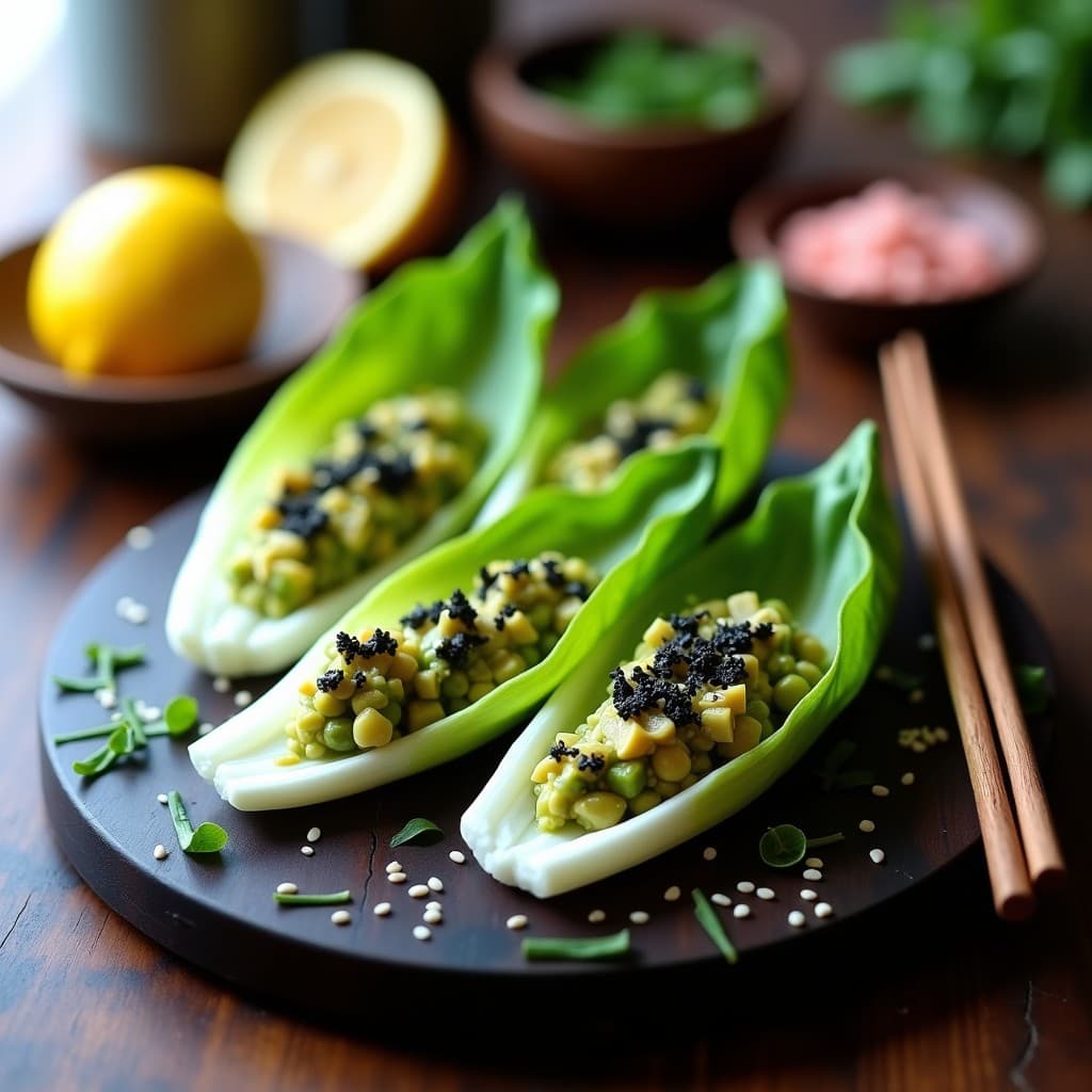 Tartar de aguacate y alga wakame crudivegano con decoración de semillas de sésamo negro y blanco, hojas de shiso y ralladura de limón yuzu, servido en molde redondo sobre plato negro de cerámica japonesa.