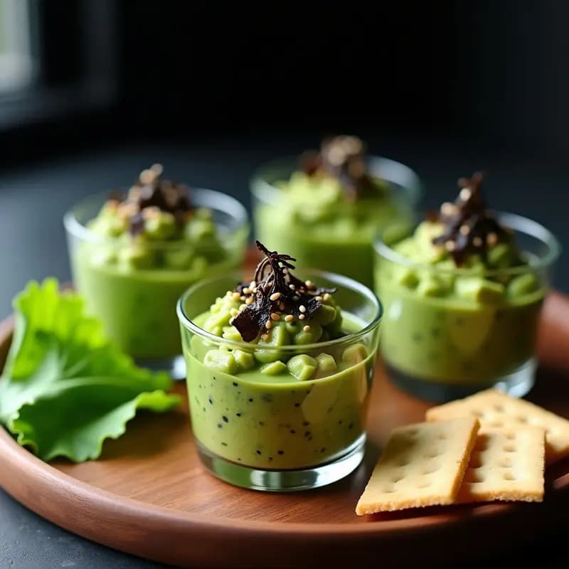 Copas de cristal transparente con tartar de aguacate cremoso, algas nori en tiras oscuras y semillas de sésamo negro y blanco espolvoreadas. Acompañado de crackers de arroz y hojas de lechuga, receta japonesa saludable.
