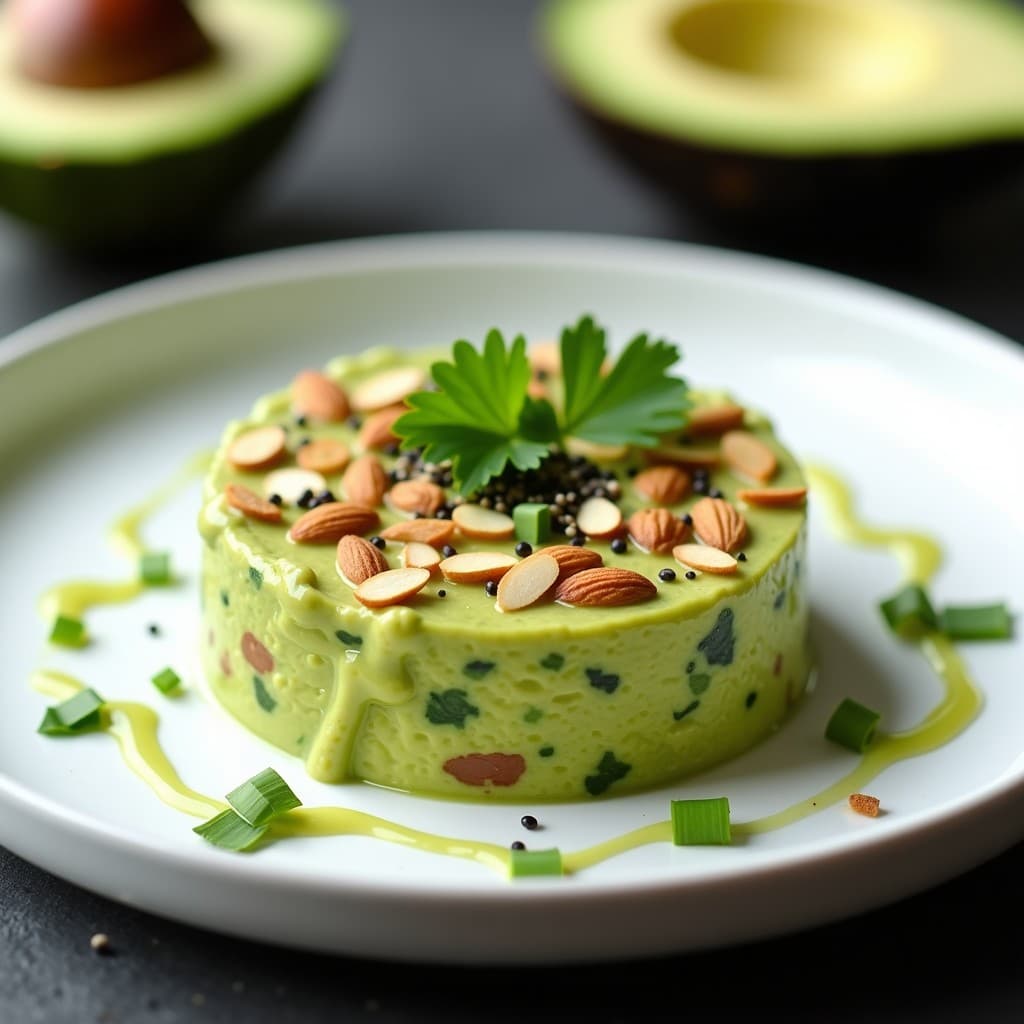 Tartar de aguacate cremoso y almendras tostadas en capas con vinagreta de wasabi verde, decorado con semillas de sésamo negro y cilantro fresco sobre plato blanco minimalista.