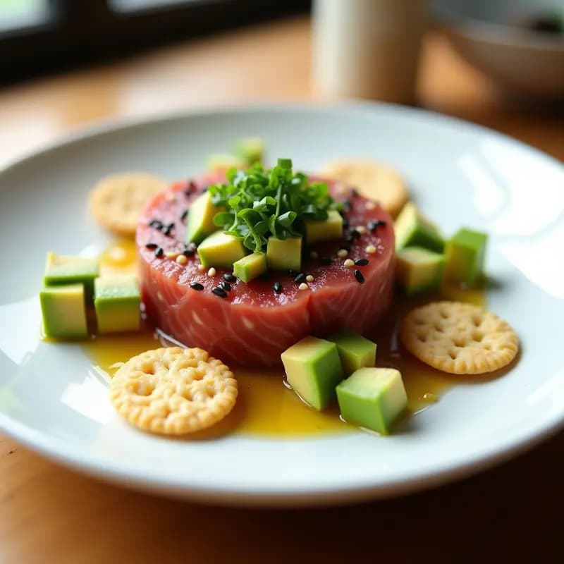 Plato blanco elegante con tartar de aguacate y atún fresco estilo sashimi, decorado con semillas de sésamo negro y cebollino, acompañado de galletas de arroz.