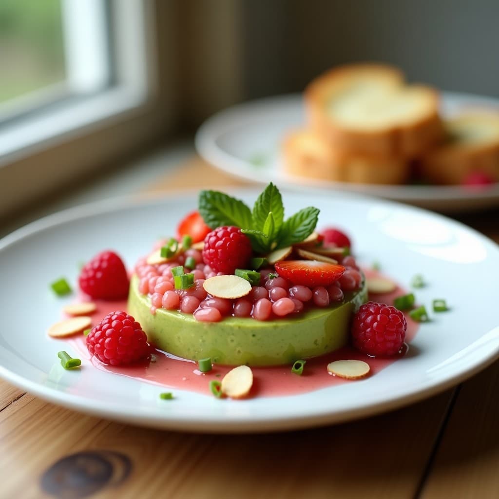 Plato blanco ovalado con tartar de aguacate cremoso y fresas en dados, bañado en vinagreta de frambuesa rosa intenso, decorado con almendras tostadas, cebollino, hojas de menta y frambuesas enteras. Entrante vegano y crudivegano elegante.
