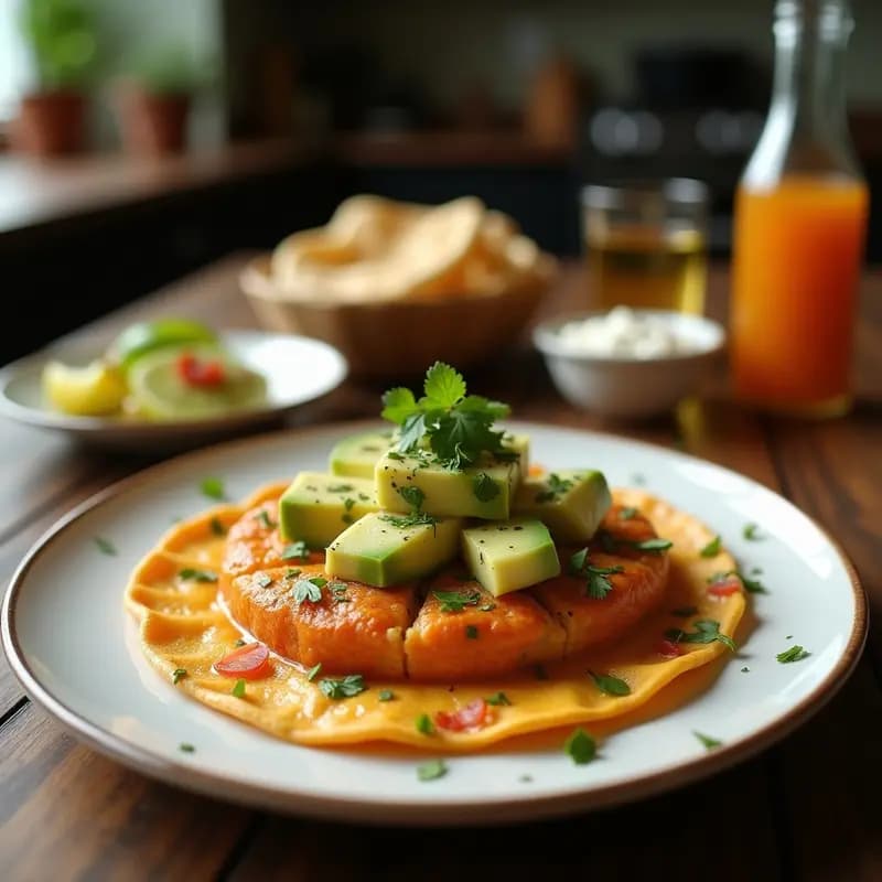 Tartar de aguacate y granada con especias iranías servido sobre triángulos de pan de naan integral tostado, decorado con semillas de sésamo, comino y granos de granada. Presentación colorida y fresca en plato blanco rústico.