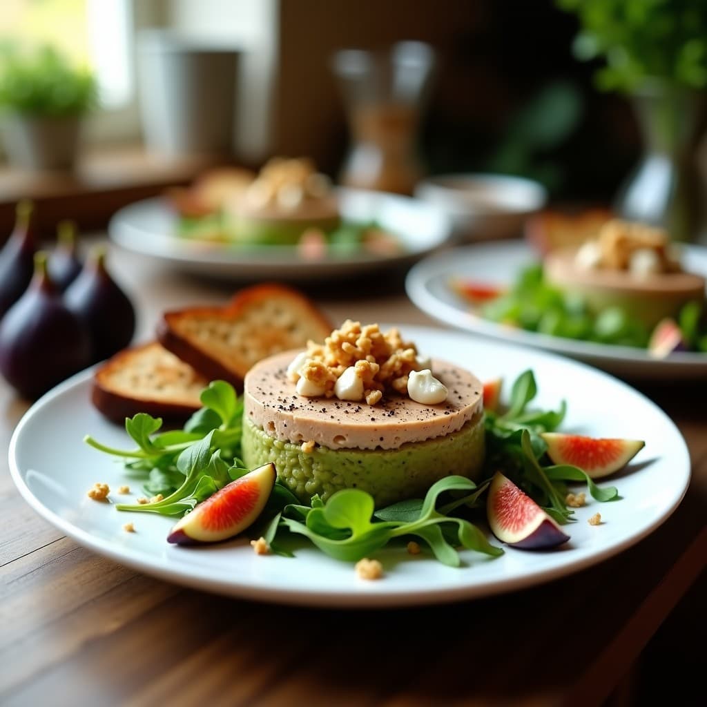 Plato blanco elegante con tartar de aguacate y higos en capas, queso de cabra desmenuzado, nueces picadas y hilo de miel, acompañado de pan de centeno tostado y hojas de rúcula.