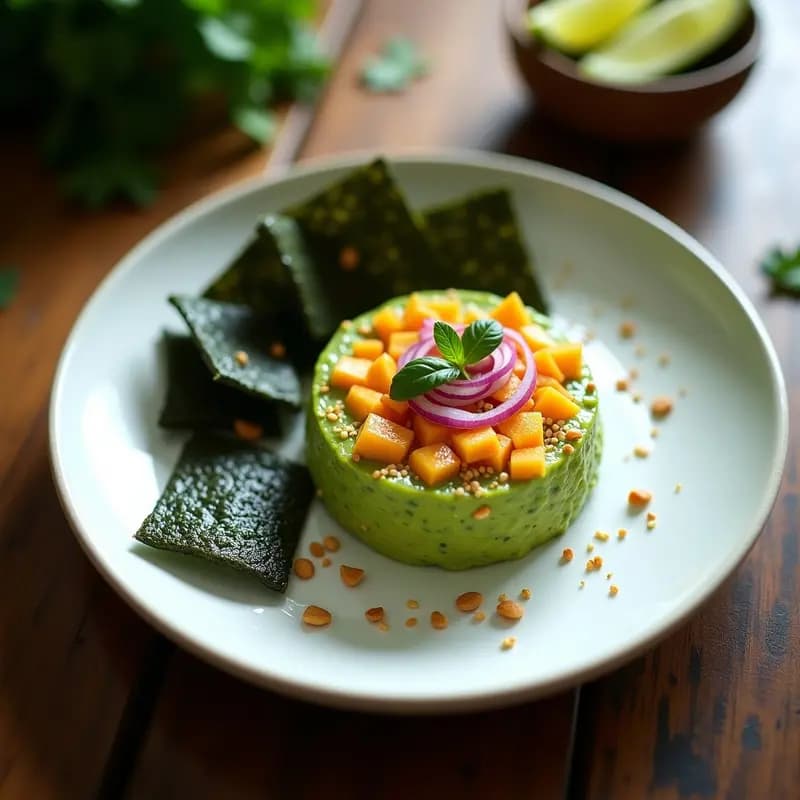 Tartar de aguacate y mango con chips de algas nori tostadas, servido en molde redondo sobre plato blanco. Decorado con semillas de sésamo negro, cilantro fresco y hilo de aceite de sésamo. Entrante crudivegano peruano-japonés con colores vibrantes.