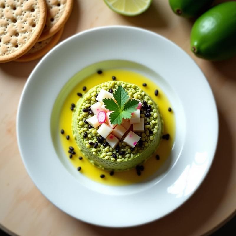 Plato blanco elegante con tartar de aguacate y mangostán en cubos, decorado con semillas de sésamo negro, pimienta rosa y hojas de cilantro, acompañado de crackers integrales.