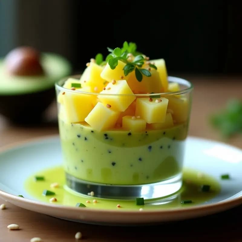 Tartar de aguacate y piña con vinagreta de wasabi servido en copa de cristal transparente, decorado con semillas de sésamo y cebollino fresco, sobre fondo oscuro.