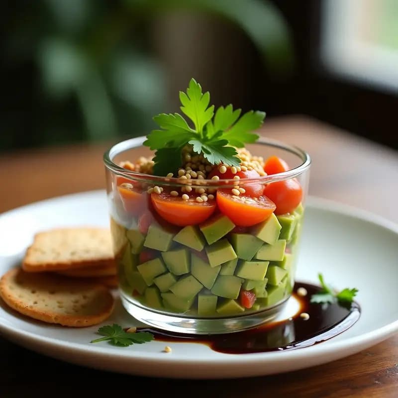 Tartar de aguacate y tomate de árbol servido en copa de cristal, con alioli de ajo negro por encima, decorado con semillas de sésamo y cilantro fresco. Acompañado de crackers integrales en un plato rústico de madera.