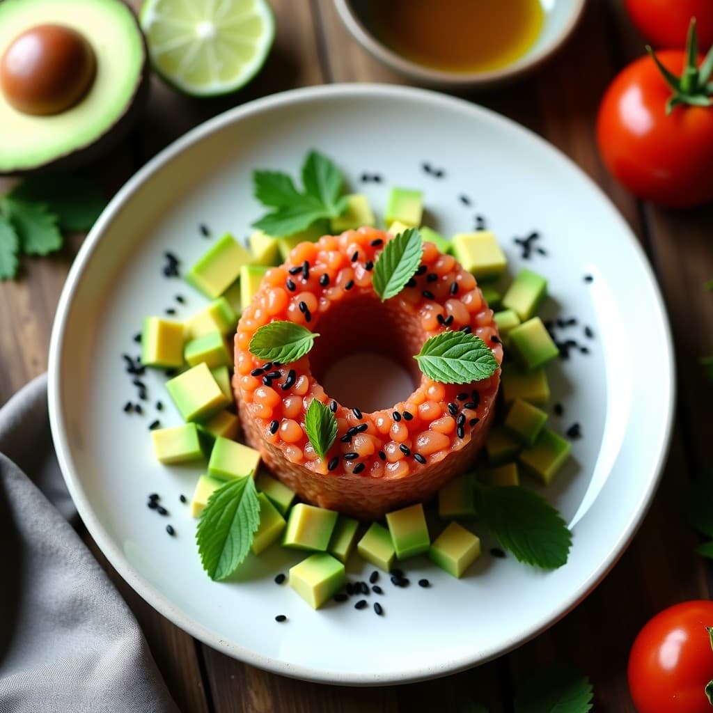 Tartar de aguacate y tomate de árbol servido en molde redondo sobre plato blanco, con semillas de sésamo negro y hojas de menta. Entrante vegano fresco y ácido.