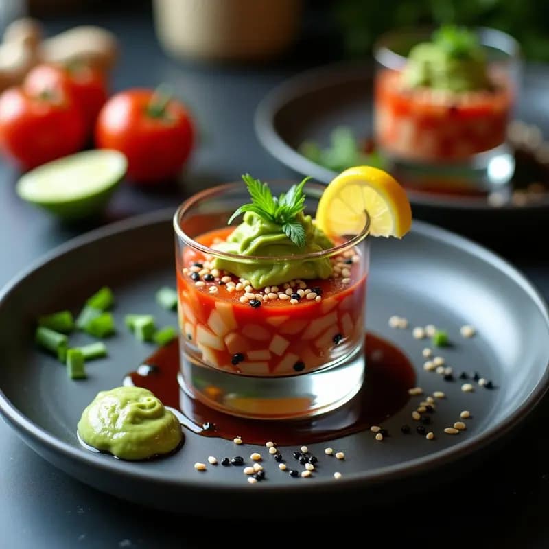 Tartar de aguacate y tomate con salsa de wasabi servido en copa de cóctel transparente, decorado con semillas de sésamo negro, algas nori y cebollino fresco. Plato vegano y crudivegano de inspiración japonesa.