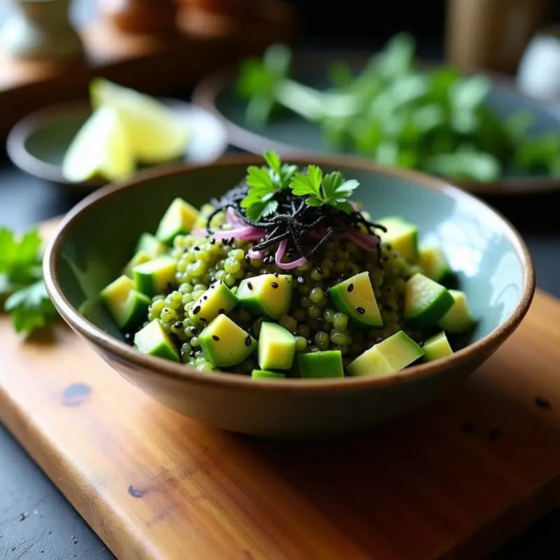 Copa de cristal con tartar de algas marinas, aguacate y pepino, decorado con semillas de sésamo negro y tiras de alga nori, servido sobre una tabla de madera rústica.
