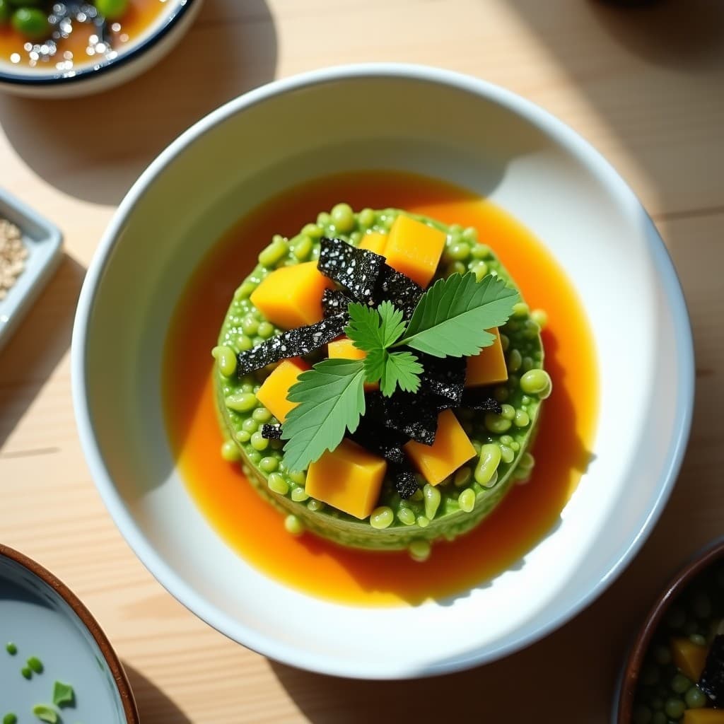Tartar de algas nori y mango vegano en un bol de cerámica blanca, con algas nori tostadas, semillas de sésamo negro y hojas de cilantro fresco como decoración. Presentación impecable para entrantes japoneses saludables.