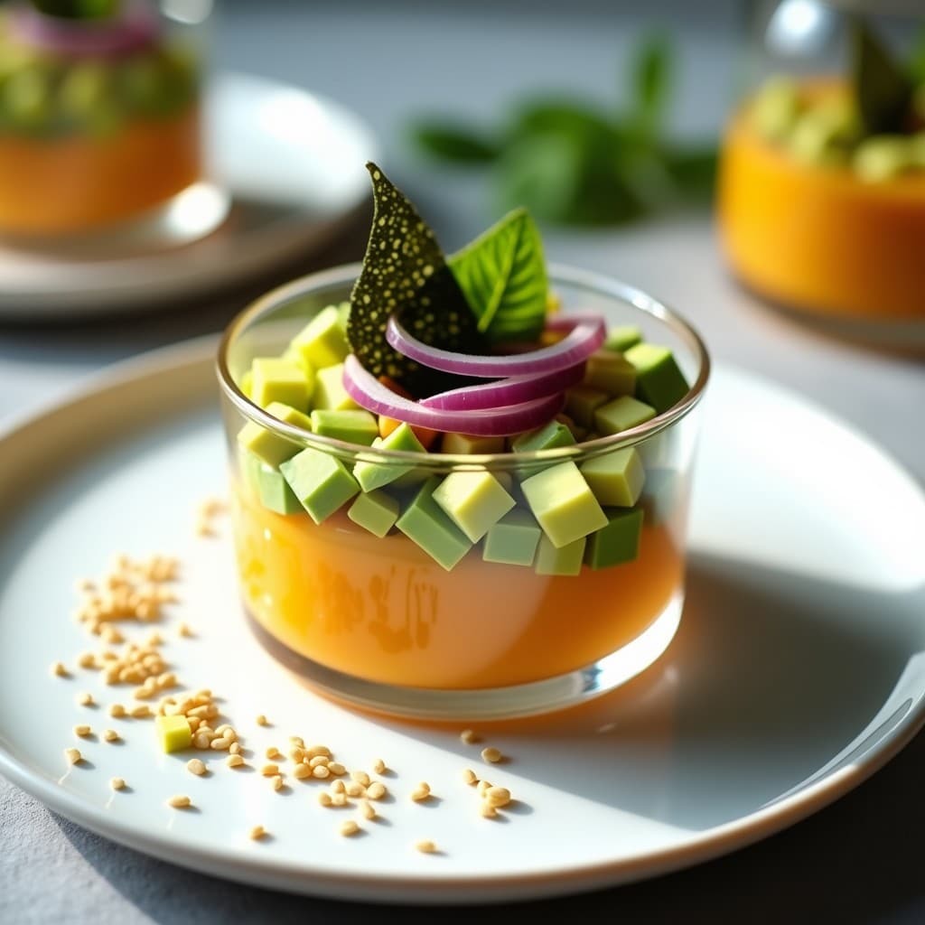 Tartar de algas nori y mango con salsa de wasabi servido en copa de cristal, con capas visibles de mango, aguacate, cebolla morada y tiras de alga nori. Decorado con semillas de sésamo y un hilo de salsa wasabi verde sobre fondo blanco. Receta fusion japonesa alta en yodo y antioxidantes.